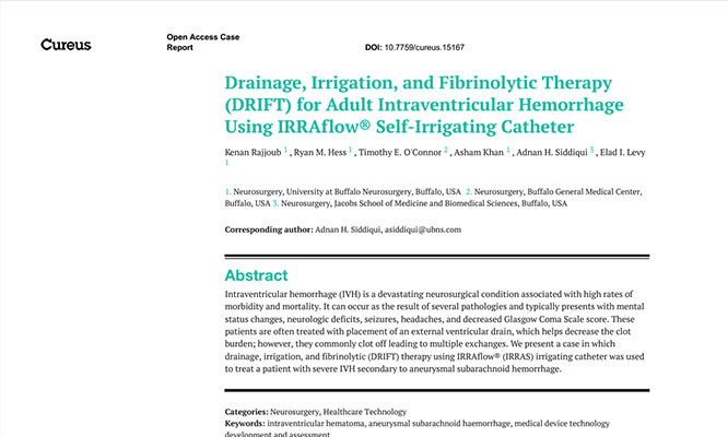 Drainage, Irrigation, and Fibrinolytic Therapy (DRIFT) for Adult Intraventricular Hemorrhage Using IRRAflow® Self-Irrigating Catheter